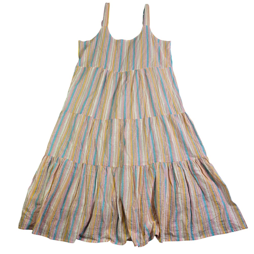 Linda Anderson Tiered Maxi Dress Womens 2XL Multi Color Striped Metallic Smocked